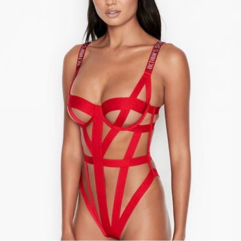 Victoria's Secret Very Sexy Red Strappy Bondage Shine Strap Teddy Sz L